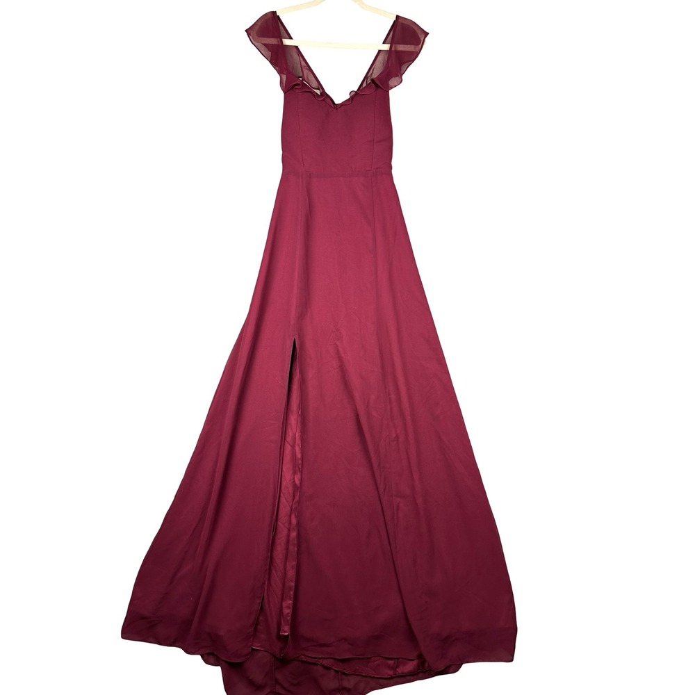 BHLDN Maxi Dress Womens Large Burgundy Ruffle Strap Chiffon Formal Evening